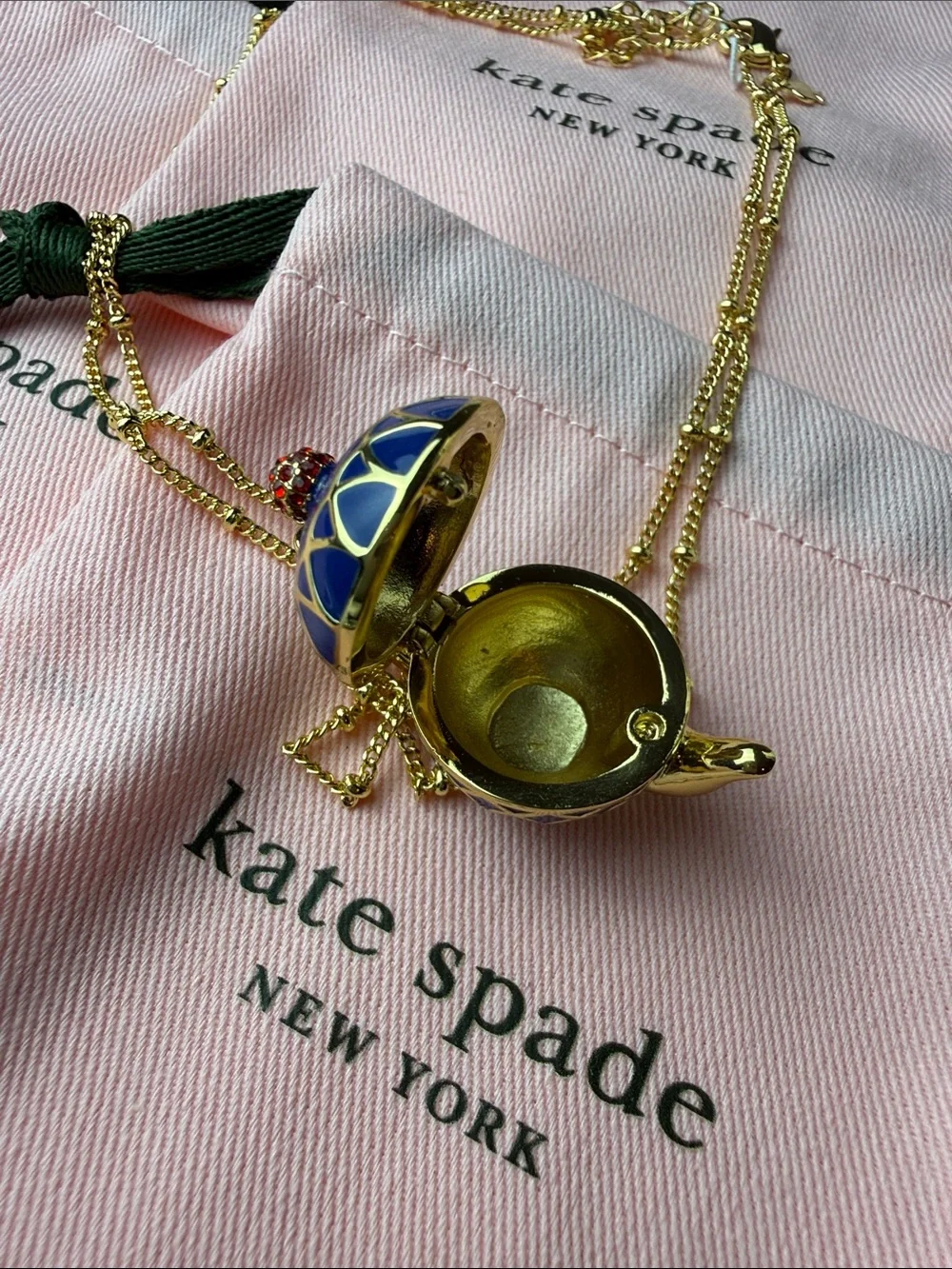 kate spade Gold-Tone Necklace with Blue Enamel Teapot and Red Accent